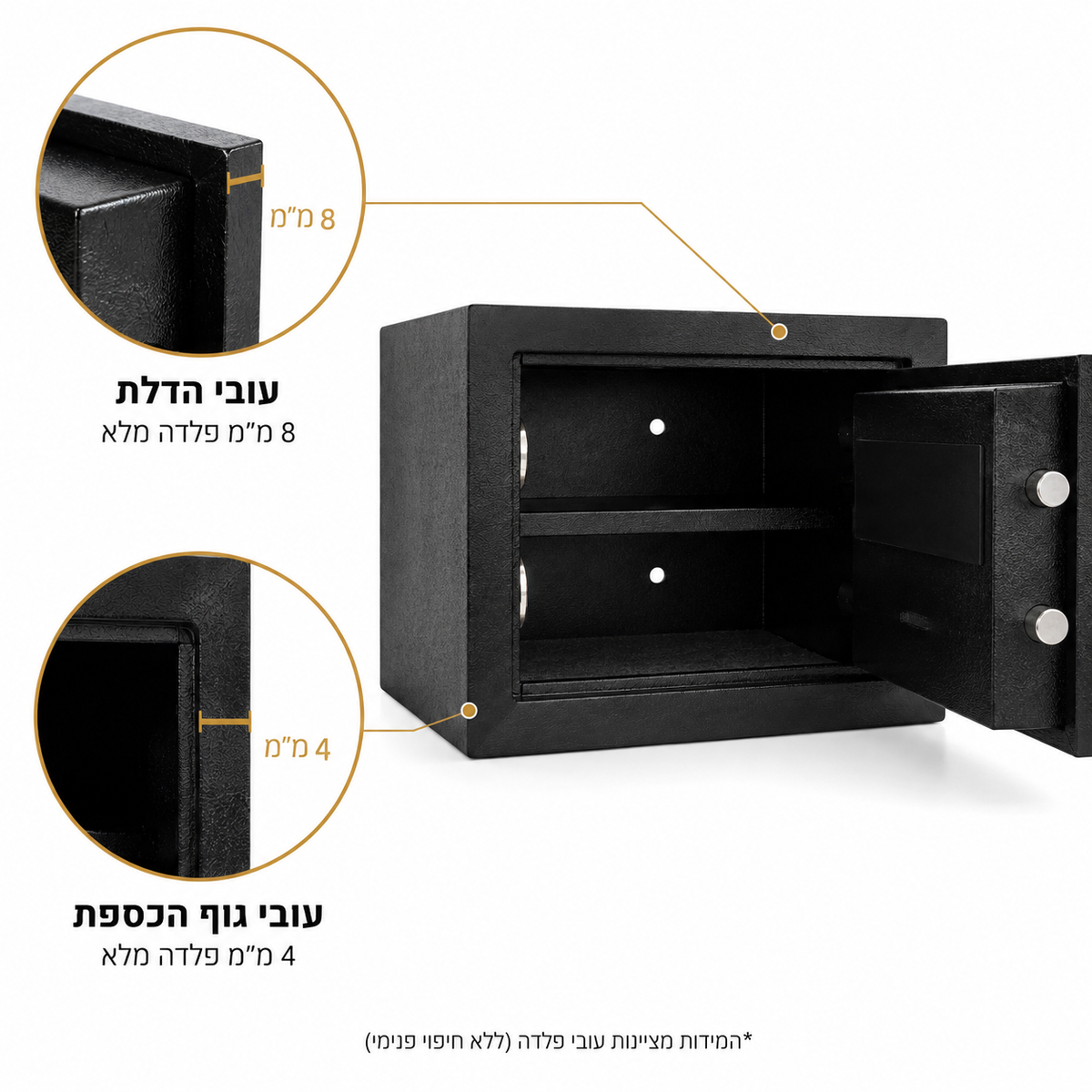 עובי דלת 8 מ״מ וגוף פלדה 4 מ״מ בכספת מגן